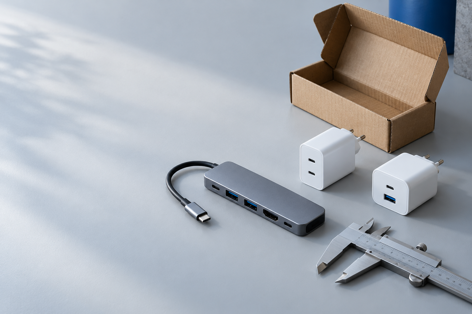 Illustrated product research desk with unbranded electronics and measurement tools